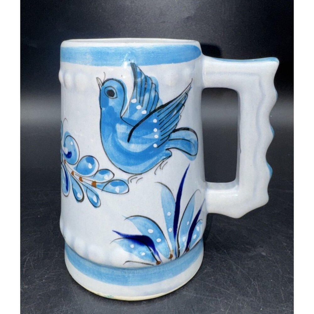 VTG Tonala Mexico Hand Painted Blue Bird & Flowers Pottery Mug Cup Stein 23oz